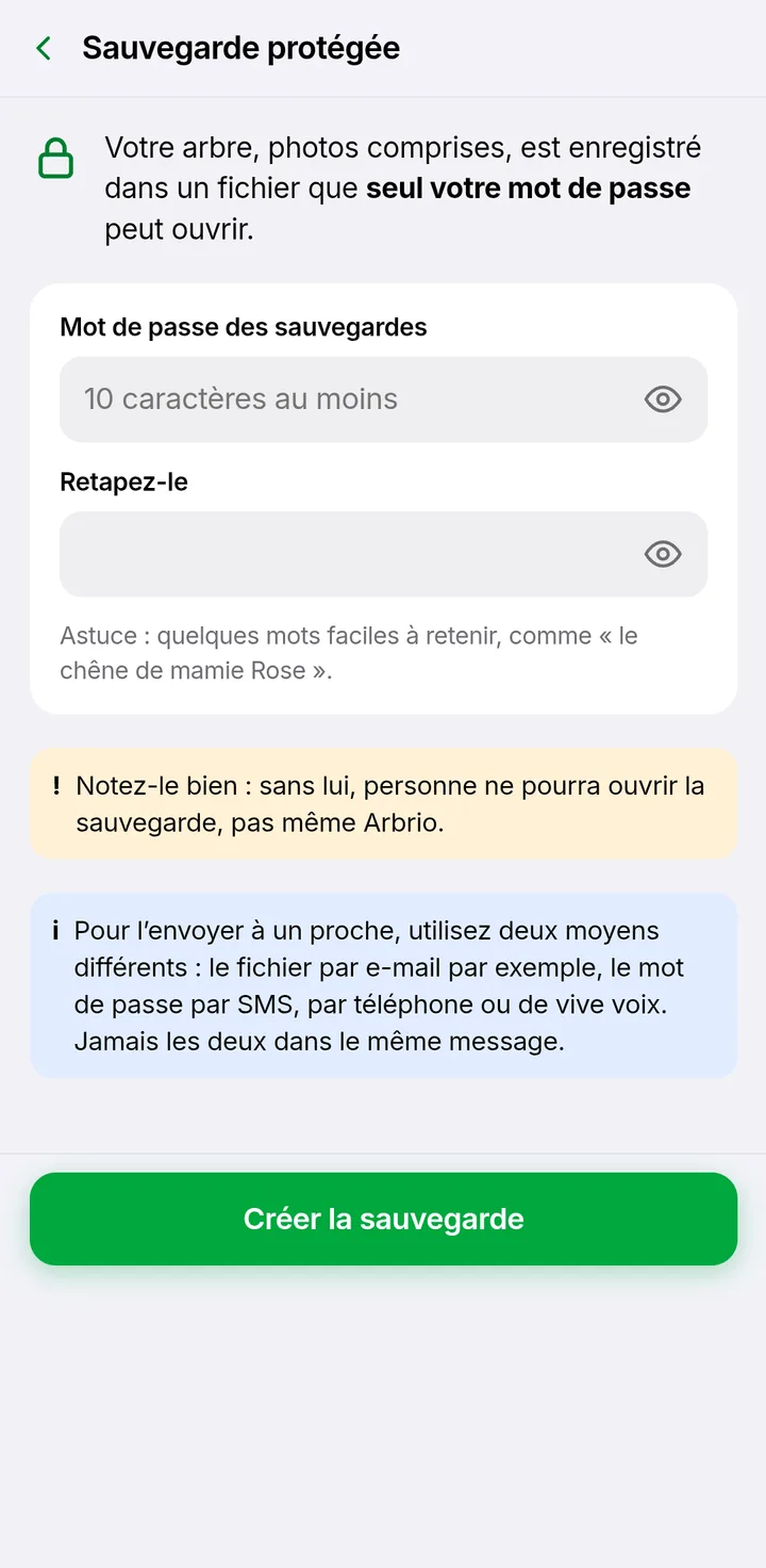 Création d’une sauvegarde protégée par mot de passe dans Arbrio